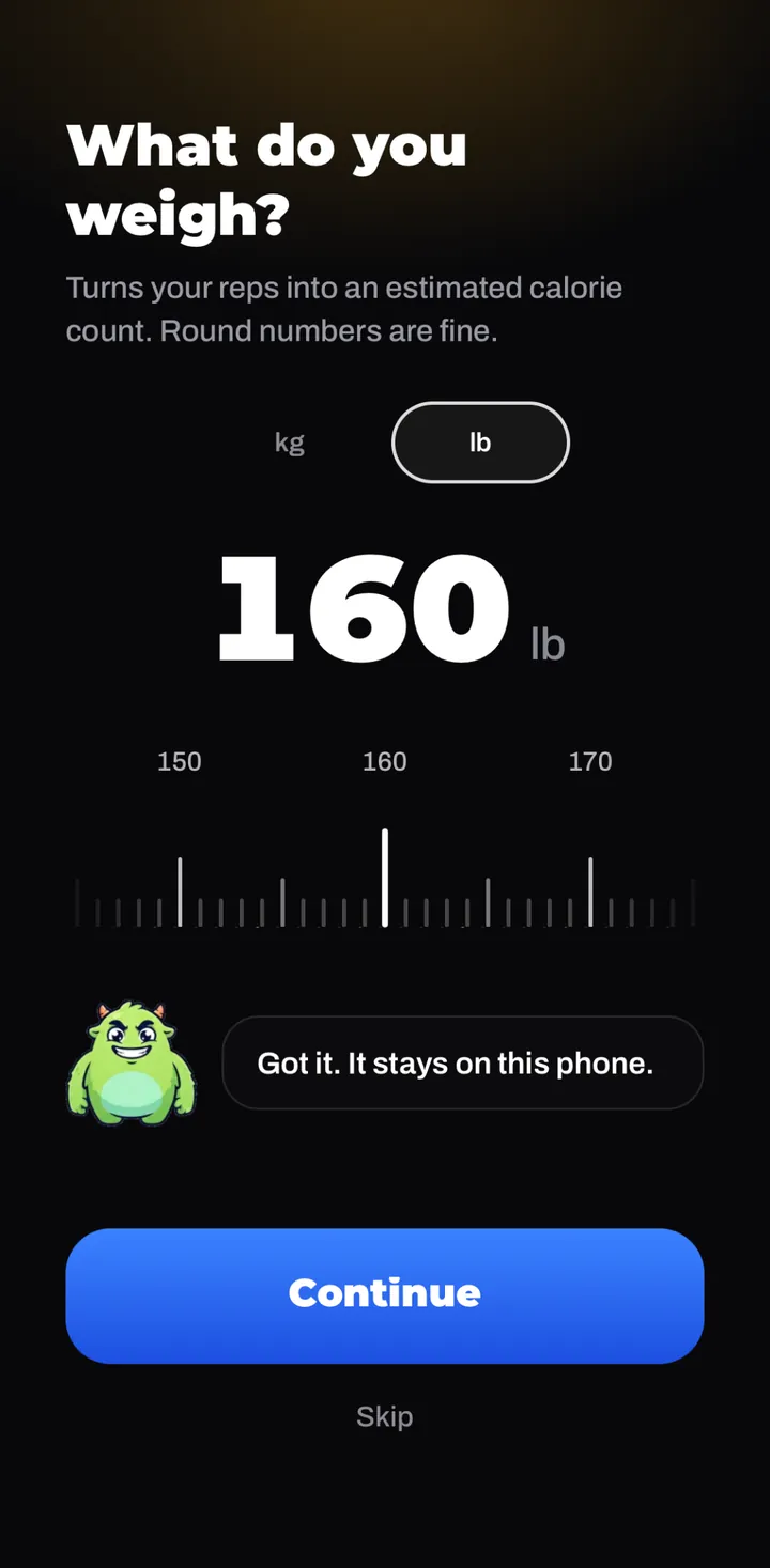 What do you weigh? A ruler set to 160 lb, and Beastie saying: Got it. It stays on this phone.