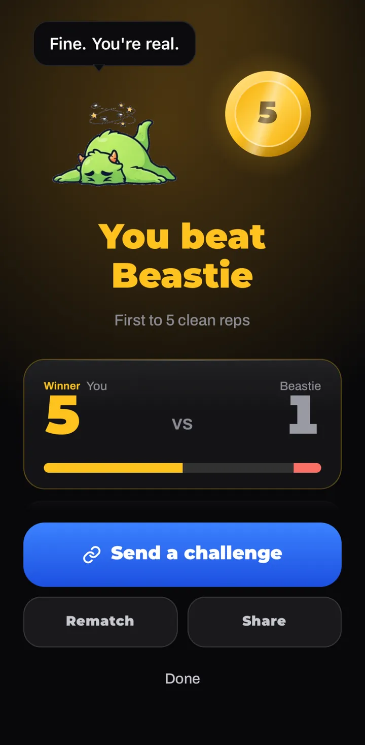 Beastie's verdict screen: You beat Beastie, 5 to 1, first to 5 clean reps, with Send a challenge, Rematch and Share buttons.