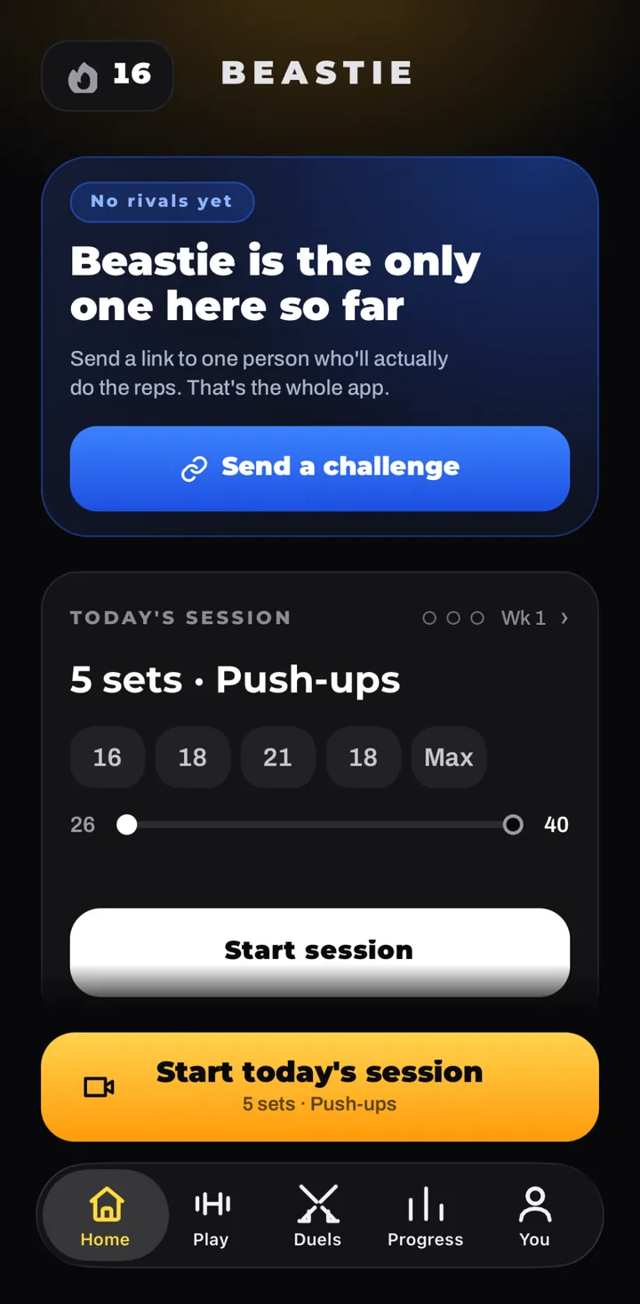 Beastie's Home screen: a Send a challenge card at the top, and today's plan session below it, 5 sets of push-ups.