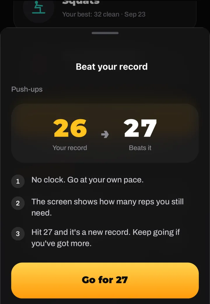 Beat your record explainer: your record 26, 27 beats it. No clock, the screen shows how many reps you still need.