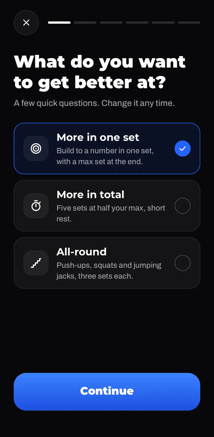 What do you want to get better at? More in one set, More in total, or All-round.