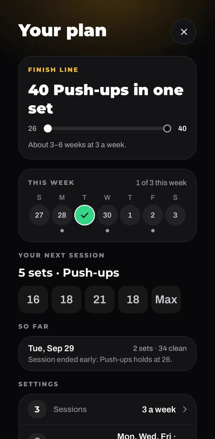 Your plan overview: finish line 40 push-ups in one set, this week's days with one done, your next session and your history.