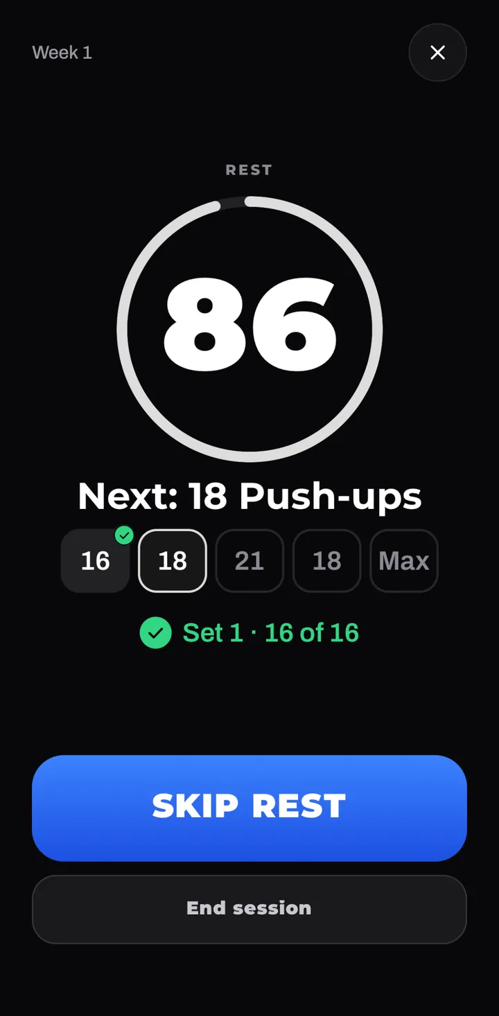Rest screen: a draining ring at 86 seconds, next 18 push-ups, set 1 done 16 of 16.