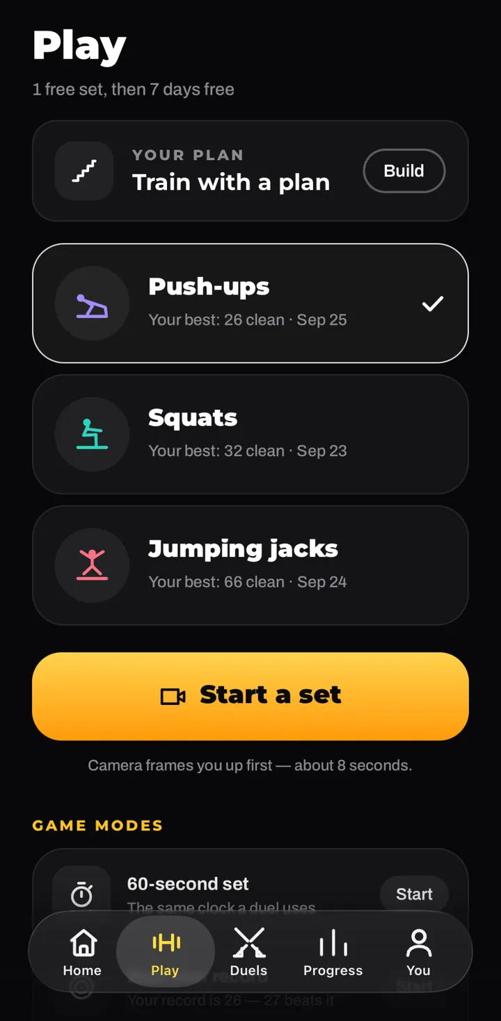 The Play tab: Train with a plan at the top, then push-ups, squats and jumping jacks with your best for each, and Start a set.